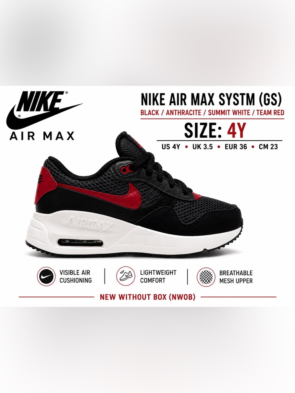Nike Air Max SYSTM GS Black Team Red Sneakers Size 4Y NWOB DQ0284-003